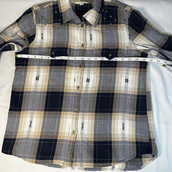 Women’s Button-Down Navy and Cream Plaid Shirt with Stud Shoulders Accents - Picture 12 of 15